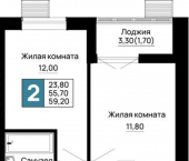 2-комн, 59.2 кв м, этаж 10/16 Тургеневское шоссе улица, д.1