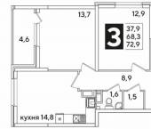 3-комн, 72кв м, этаж 10/16 Краснодар, улица Западный Обход, 39