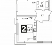 2-комн, 59 кв м, этаж 13/16 улица Западный Обход, 31