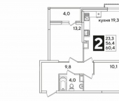 2-комн, 60кв м, этаж 2/16 жилой комплекс Самолёт-4