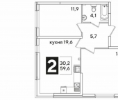 2-комн, 59кв м, этаж 2/16 улица Западный Обход, 42