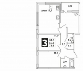 3-комн, 73кв м, этаж 2/16 жилой комплекс Самолёт-4