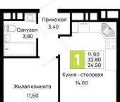 1-комн, 34.5 кв м, этаж 16/16 Тургеневское шоссе ул., д.1