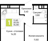 1-комн, 34.8 кв м, этаж 16/16 Тургеневское шоссе ул., д.1