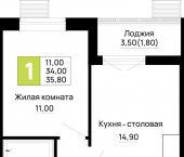 1-комн, 35.8 кв м, этаж 2/16 Тургеневское шоссе ул., д.1